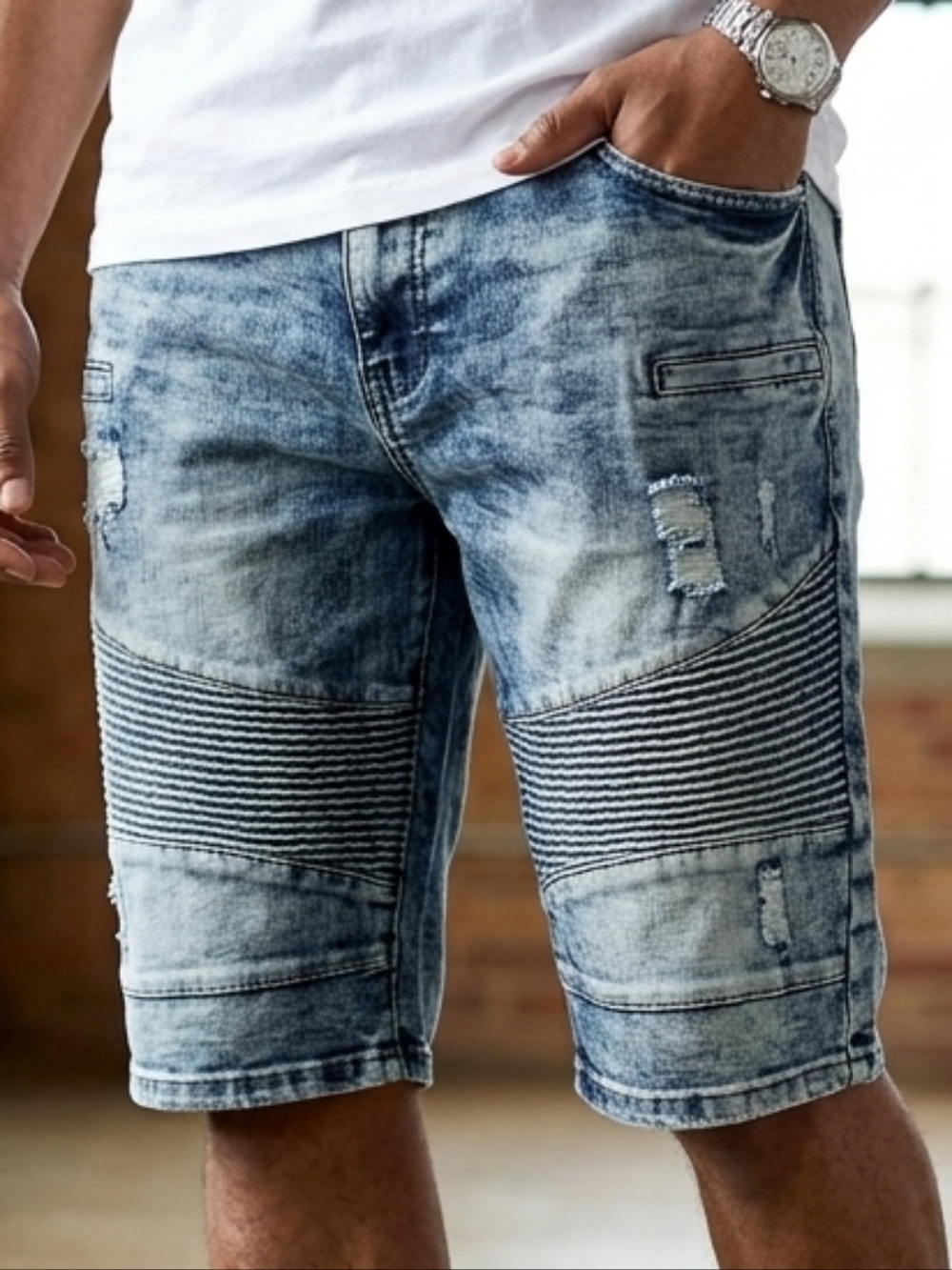 [[Ecko Unlimited]] Light Blue Distressed Moto Denim Shorts